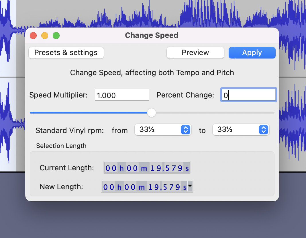 Audacity Change speed dialog