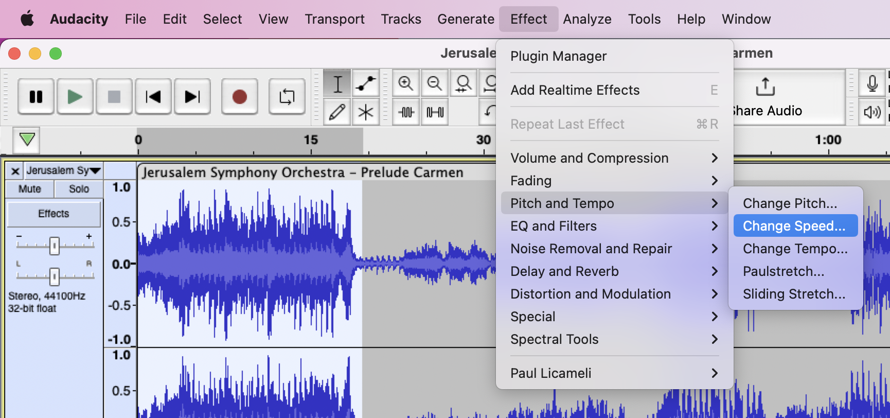 Audacity Change speed menu item